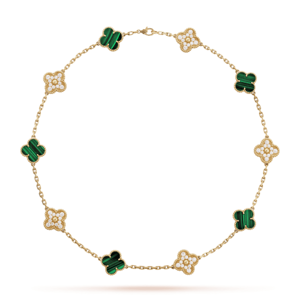 18K Vintage Alhambra Malachite Diamonds 10 Motifs Necklace