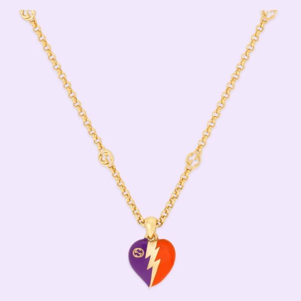 18K Double G Interlocking G Heart Lightning Charm Necklace
