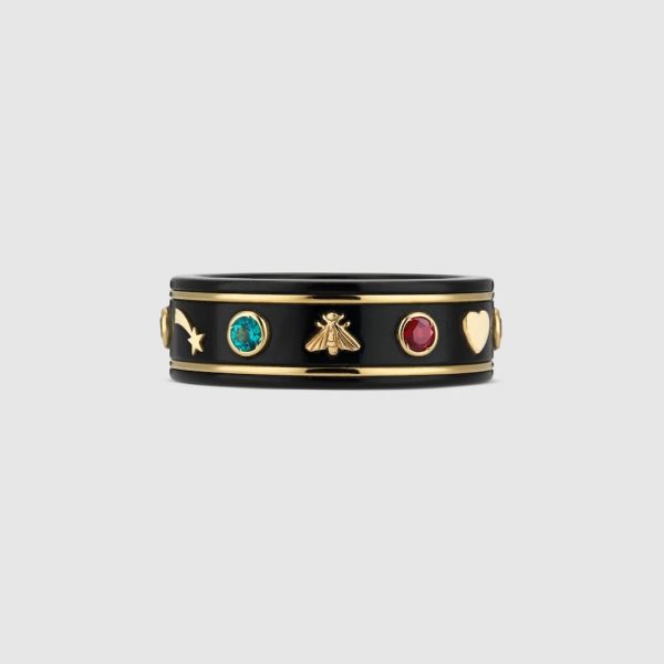 18K Double G Icon With Gemstones Black Corundum Ring - 图片 2