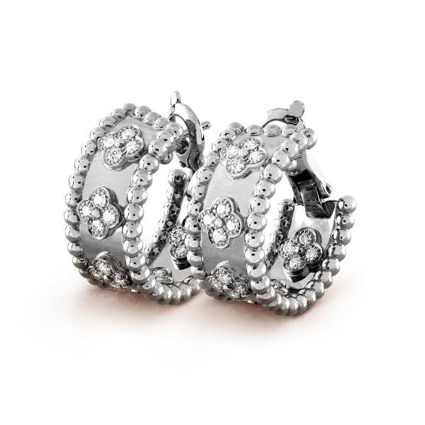 18K White Gold Perlée Clovers Hoop Earrings