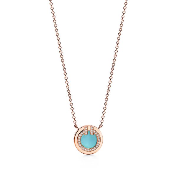18K T Diamond & Turquoise Circle Pendant Necklace