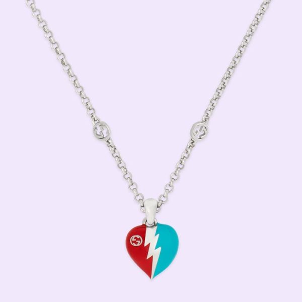 Double G Interlocking G Heart Lightning Charm Necklace