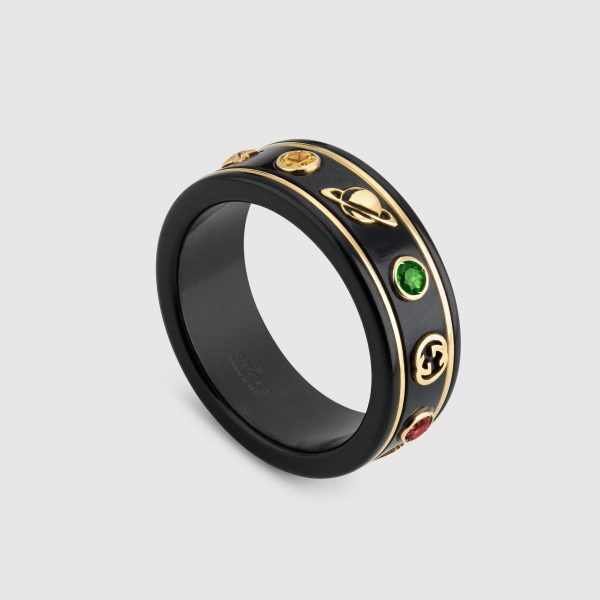 18K Double G Icon With Gemstones Black Corundum Ring