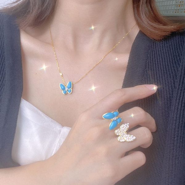 18K Two Butterfly Pendant with Diamond & Turquoise Necklace - Image 2