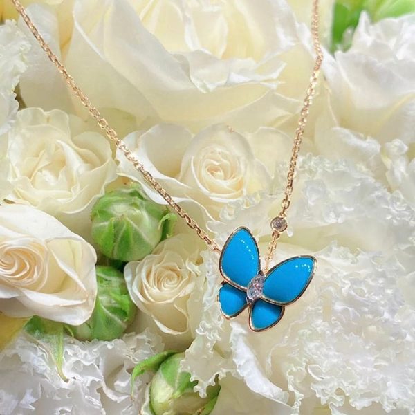18K Two Butterfly Pendant with Diamond & Turquoise Necklace - Image 3