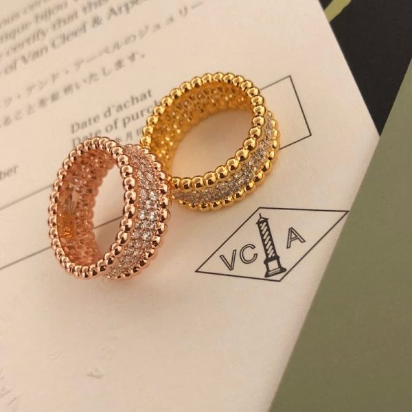 18K Yellow Gold Perlée Diamonds 3 Row Ring - Image 4