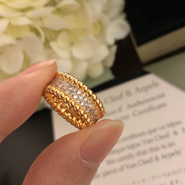 18K Yellow Gold Perlée Diamonds 3 Row Ring - Image 2