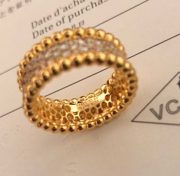 18K Yellow Gold Perlée Diamonds 3 Row Ring - Image 3