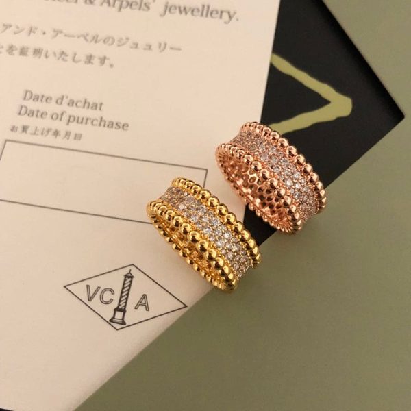 18K Yellow Gold Perlée Diamonds 3 Row Ring - Image 7