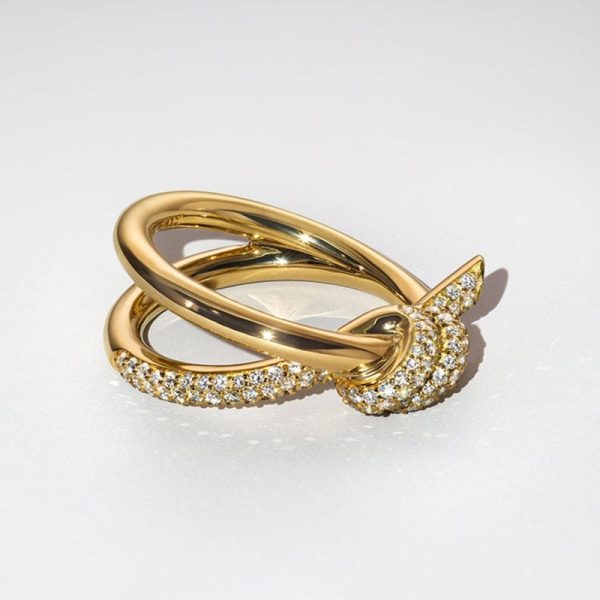 18K Yellow Gold Knot Double Row Diamonds Ring - 图片 2