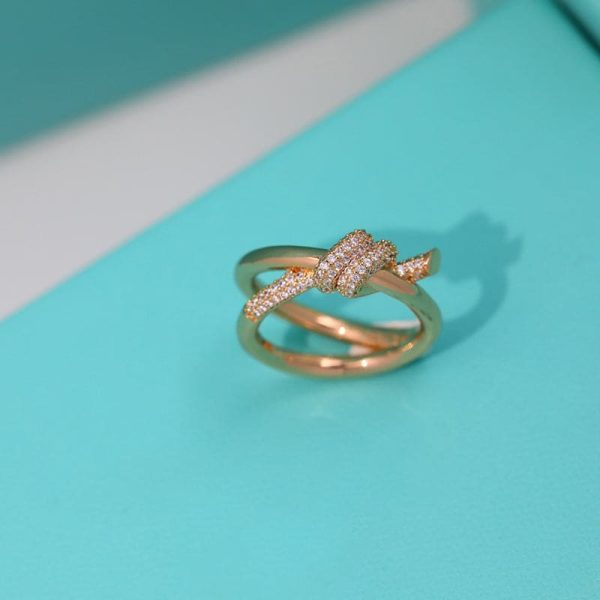 18K Rose Gold T Knot Double Row Diamonds Ring - 图片 2