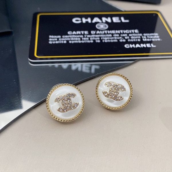 18K CC Pearl Crystal Stud Earrings - 图片 7
