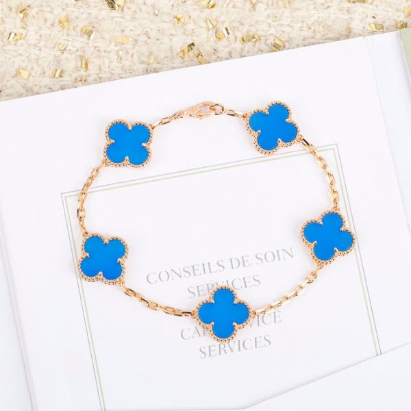 18K Vintage Alhambra Five Motifs Agate Clover Bracelet - 图片 2