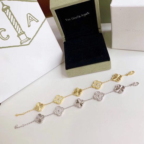 18K Vintage Alhambra Five Motifs Diamonds Clover Bracelet - Image 12