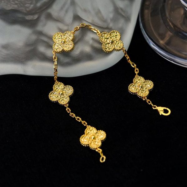 18K Yellow Gold Five Motifs Clover Bracelet - 图片 3
