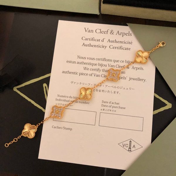 18K Vintage Alhambra Five Motifs Diamonds Clover Bracelet - Image 7