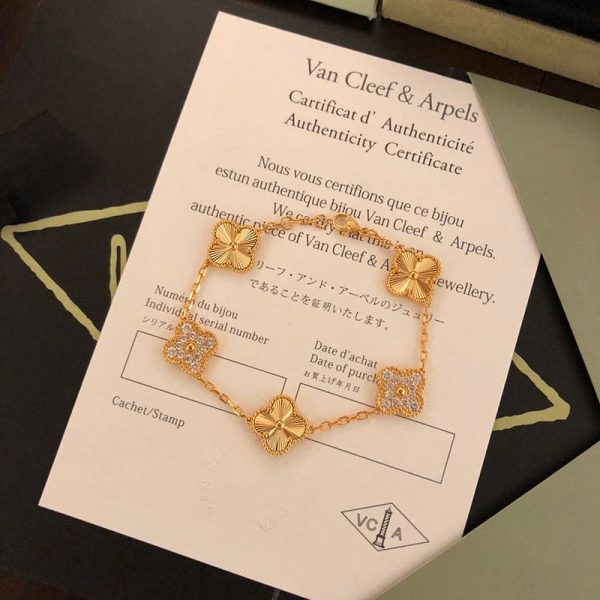 18K Vintage Alhambra Five Motifs Diamonds Clover Bracelet - Image 9
