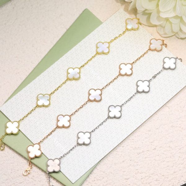 18K Vintage Alhambra Five Motifs Pearl Clover Bracelet - Image 9
