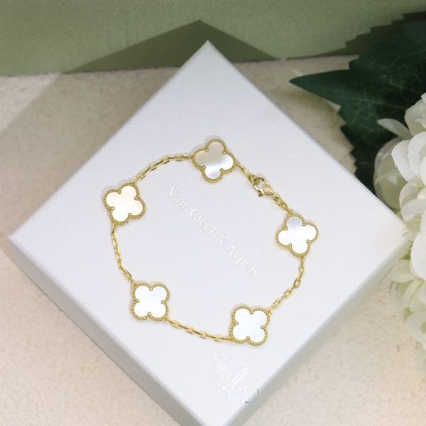 18K Vintage Alhambra Five Motifs Pearl Clover Bracelet - Image 6