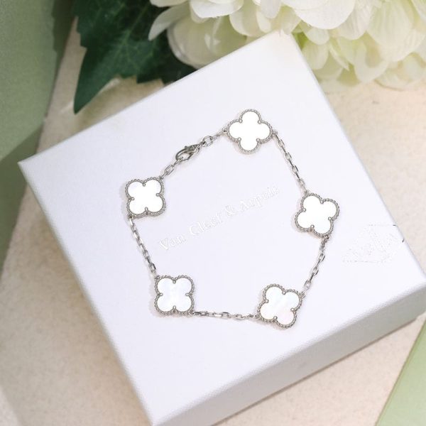 18K Vintage Alhambra Five Motifs Pearl Clover Bracelet - Image 8