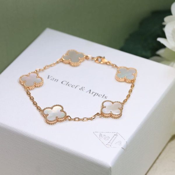 18K Vintage Alhambra Five Motifs Pearl Clover Bracelet - Image 11