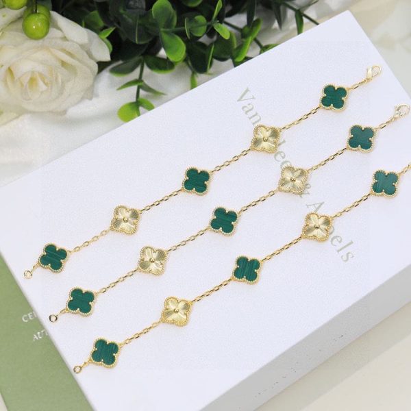18K Vintage Alhambra Five Motifs Malachite Diamonds Clover Bracelet - Image 7