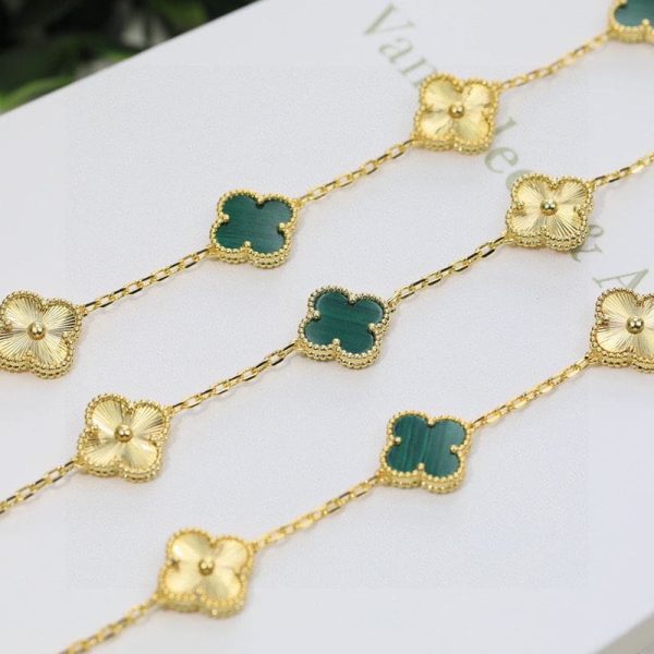 18K Vintage Alhambra Five Motifs Malachite Diamonds Clover Bracelet - Image 5