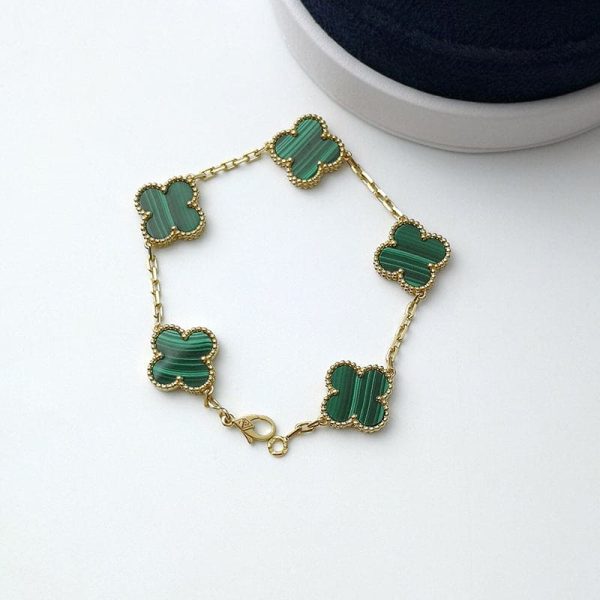 18K Vintage Alhambra Five Motifs Malachite Clover Bracelet - Image 2