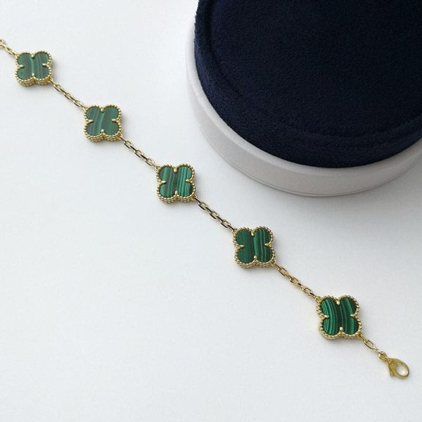 18K Vintage Alhambra Five Motifs Malachite Clover Bracelet - Image 5