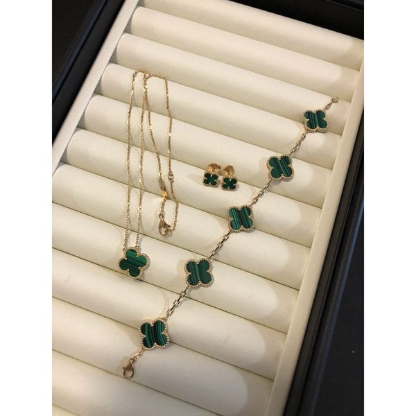 18K Vintage Alhambra Five Motifs Malachite Clover Bracelet - Image 8
