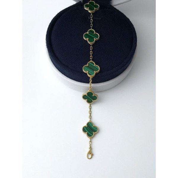 18K Vintage Alhambra Five Motifs Malachite Clover Bracelet - Image 3