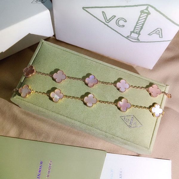 18K Vintage Alhambra Five Motifs Pink Opal Clover Bracelet - Image 7