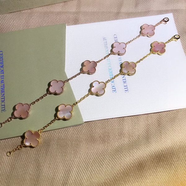 18K Vintage Alhambra Five Motifs Pink Opal Clover Bracelet - Image 4