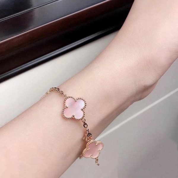 18K Vintage Alhambra Five Motifs Pink Opal Clover Bracelet - Image 6