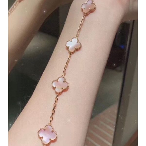 18K Vintage Alhambra Five Motifs Pink Opal Clover Bracelet - Image 2