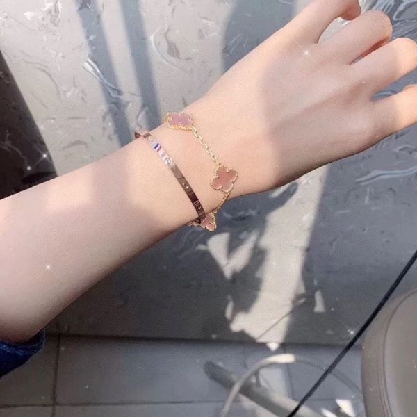 18K Vintage Alhambra Five Motifs Pink Opal Clover Bracelet - Image 3