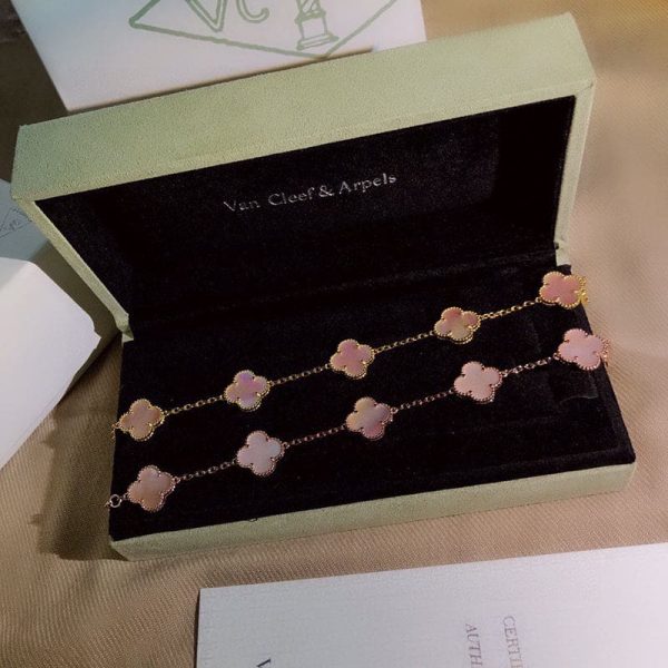 18K Vintage Alhambra Five Motifs Pink Opal Clover Bracelet - Image 8