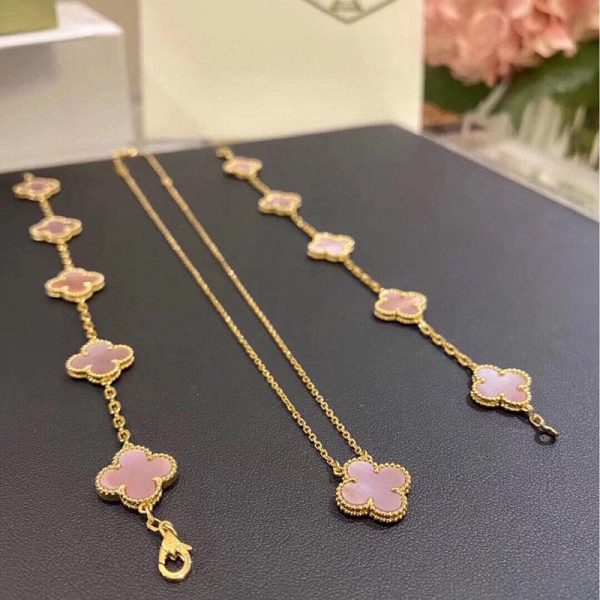 18K Vintage Alhambra Five Motifs Pink Opal Clover Bracelet - Image 9