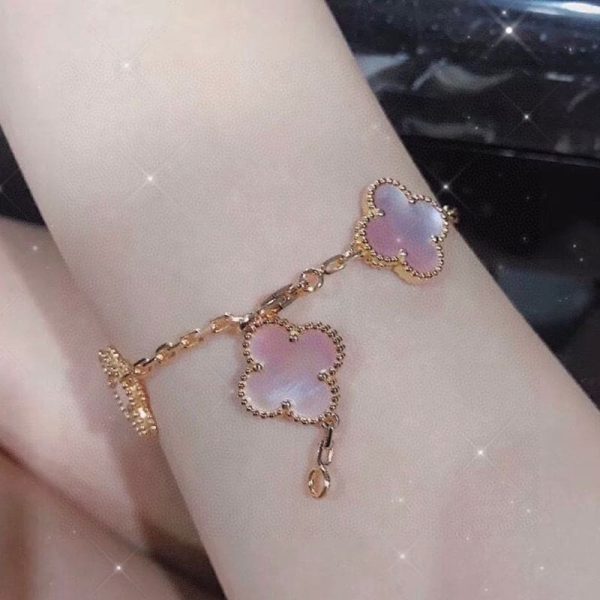 18K Vintage Alhambra Five Motifs Pink Opal Clover Bracelet - Image 5