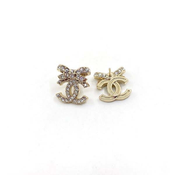 18K CC Strass Bow Stud Earrings - 图片 2