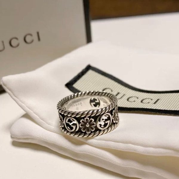 Double G Aged Sterling Silver Interlocking G Flower Ring - 图片 5