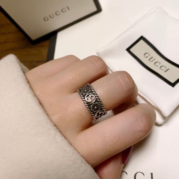 Double G Aged Sterling Silver Interlocking G Flower Ring - 图片 4