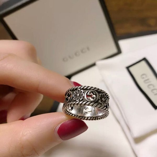 Double G Aged Sterling Silver Interlocking G Flower Ring - 图片 6