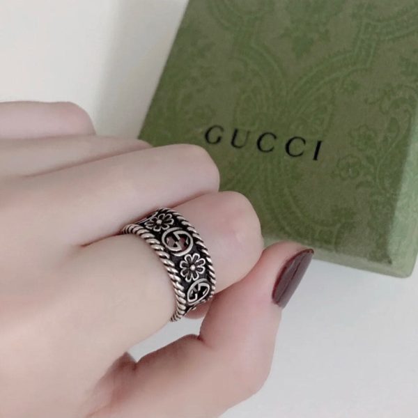 Double G Aged Sterling Silver Interlocking G Flower Ring - 图片 7