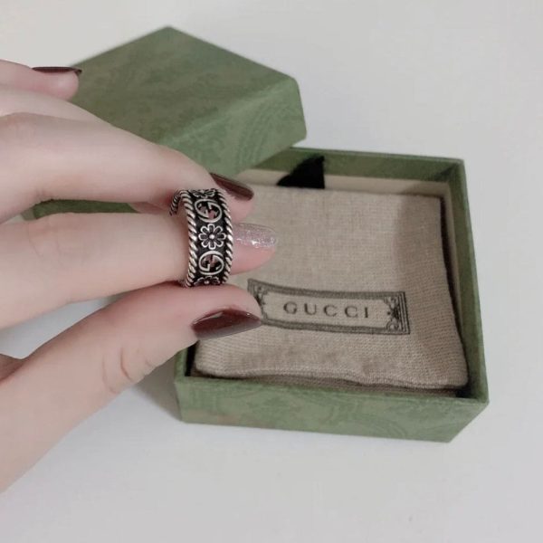 Double G Aged Sterling Silver Interlocking G Flower Ring - 图片 8