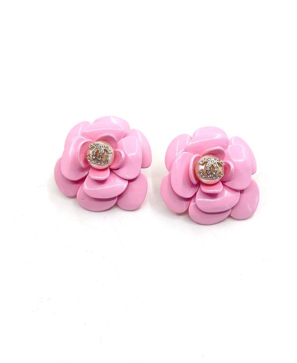 18K CC Pink Camellia Resin Earrings - 图片 2