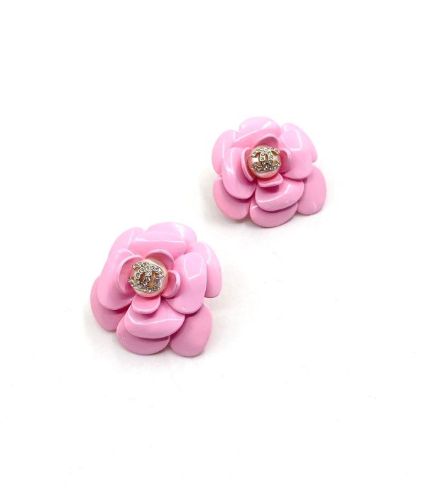 18K CC Pink Camellia Resin Earrings - 图片 4