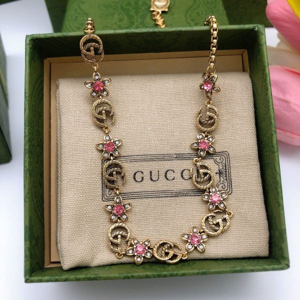 18K Double G Interlocking G Red Flowers Necklace - 图片 6
