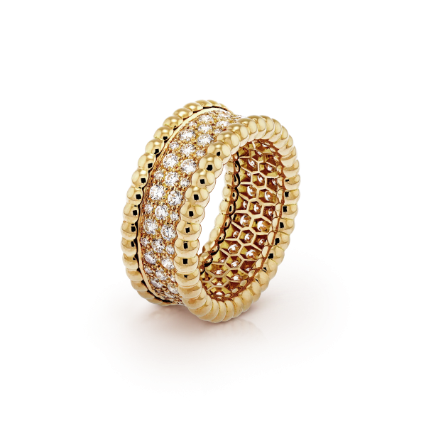 18K Yellow Gold Perlée Diamonds 3 Row Ring