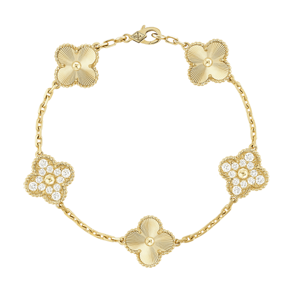 18K Vintage Alhambra Five Motifs Diamonds Clover Bracelet
